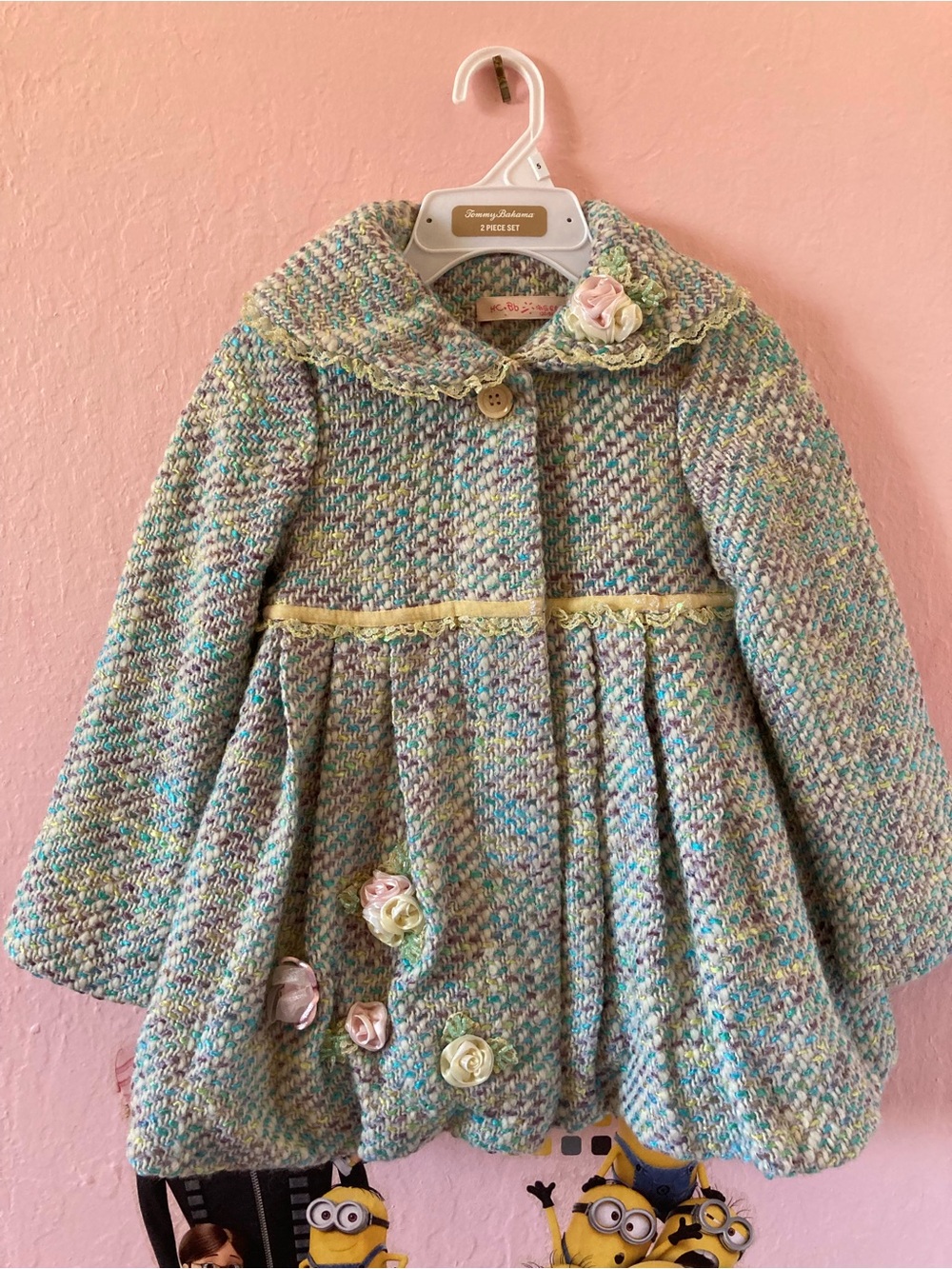 Girls Floral Accent Tweed Coat - Pastel Multi